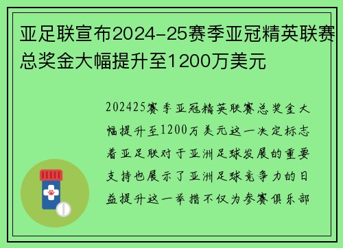 亚足联宣布2024-25赛季亚冠精英联赛总奖金大幅提升至1200万美元 亚足联宣布2024-25赛季亚冠精英联赛总奖金大幅提升至1200万美元
